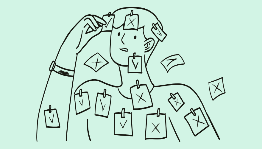 An illustration of someone with sticky notes stuck all over him