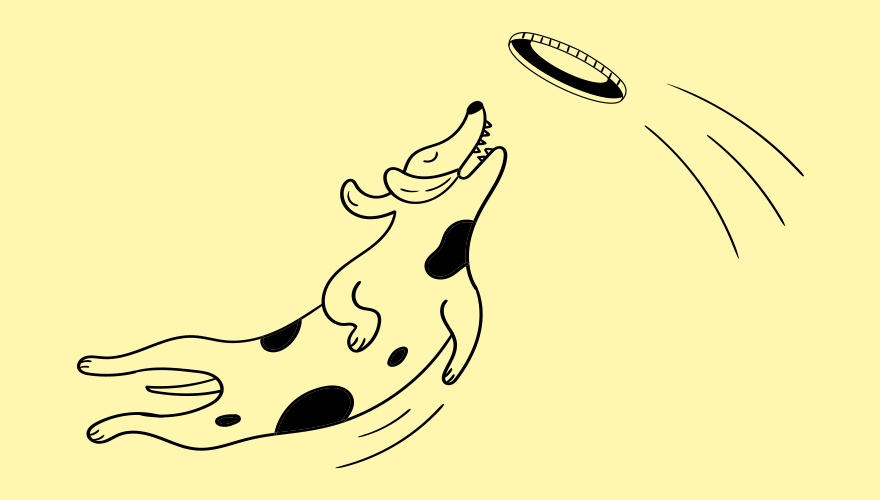 A dog illustration with spots jumping up to grab a frisbee